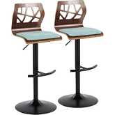 Folia Adjustable Swivel Bar Stool in Black Metal, Walnut Wood & Teal Fabric (Set of 2)